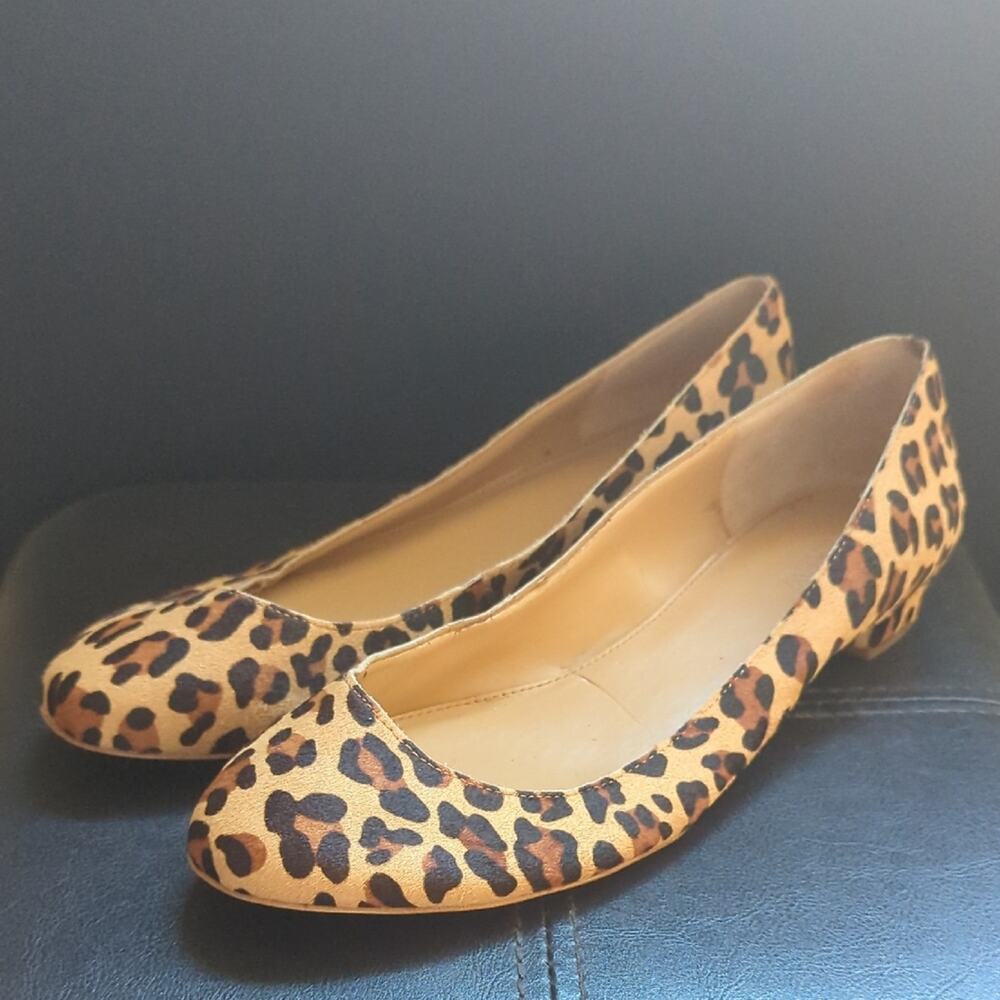 J Crew Lily Leopard Print Calf Hair Leather Chunky Kitten Heel Slip On Shoes